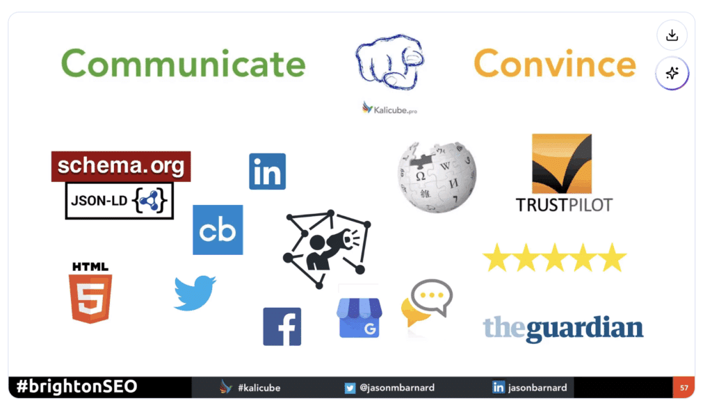 Jason Barnard presenting “A Universal Strategy for Answer Engine Optimization” at BrightonSEO 2018 with the Trustpilot logo displayed on his presentation