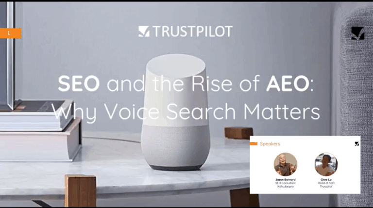 Jason Barnard at the Trustpilot Webinar: "SEO and the Rise of Answer Engine Optimization-why-voice-search-matters" 2018